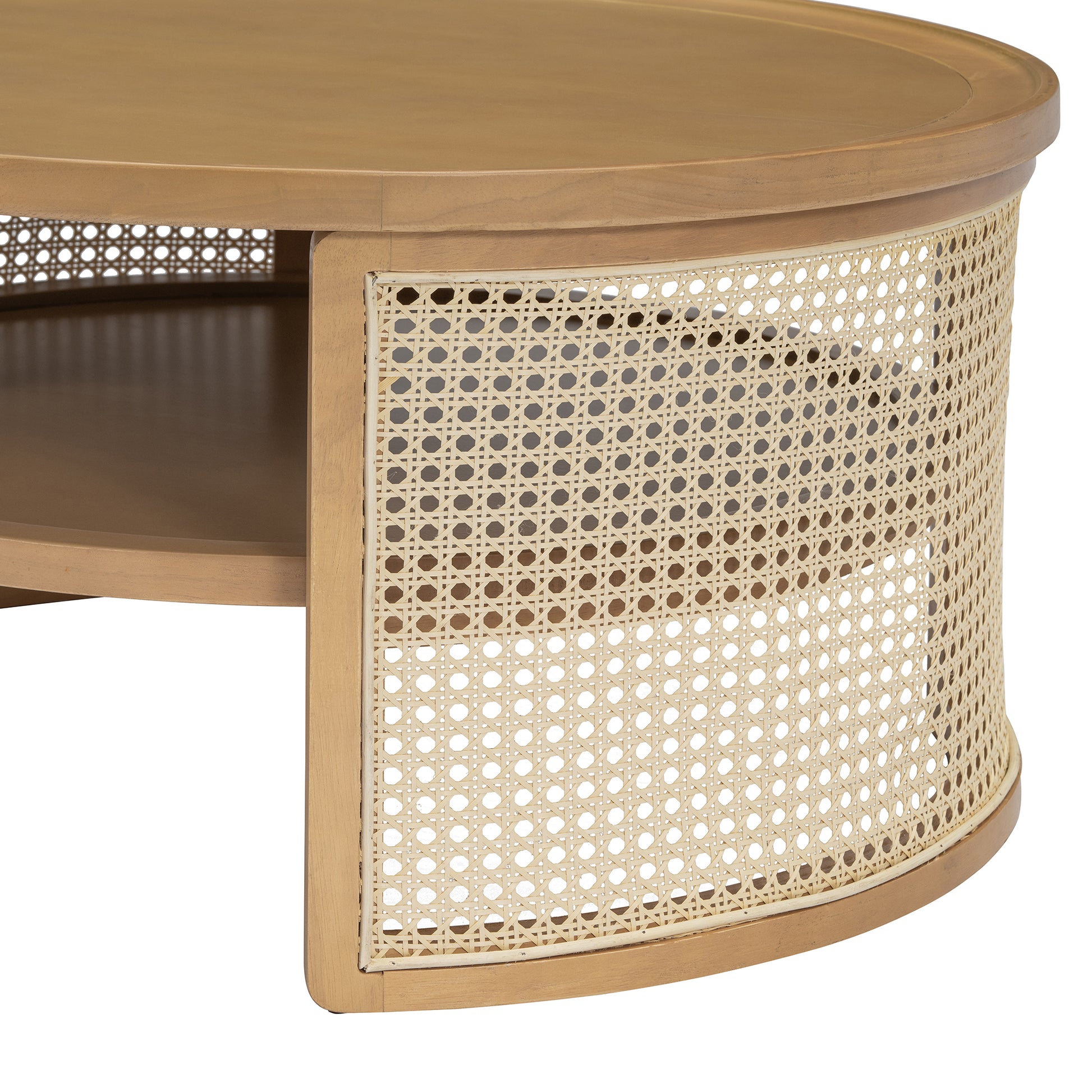 Round natural wood coffee table with woven cane detailing and a lower shelf