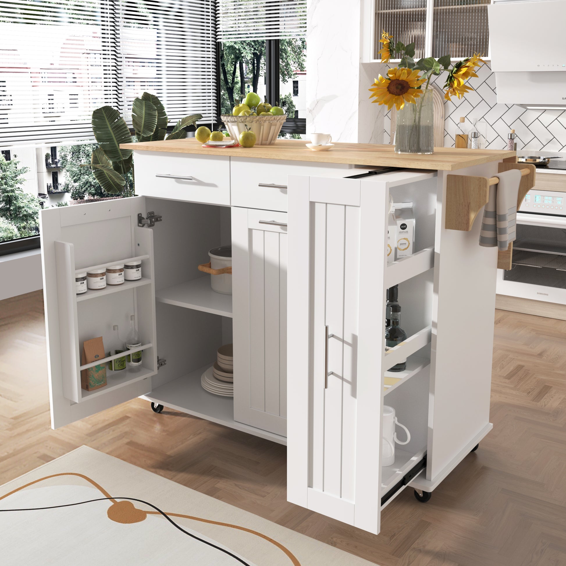 White kitchen island cart with wooden top and open doors revealing shelves of spices and cookware