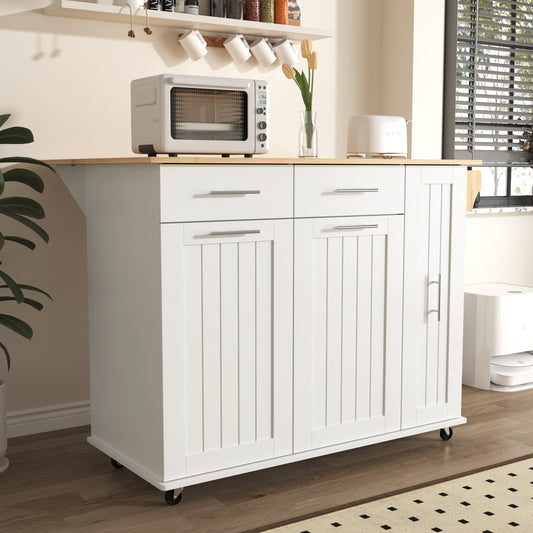 White kitchen island cart with wood top and cabinet storage featuring silver hardware