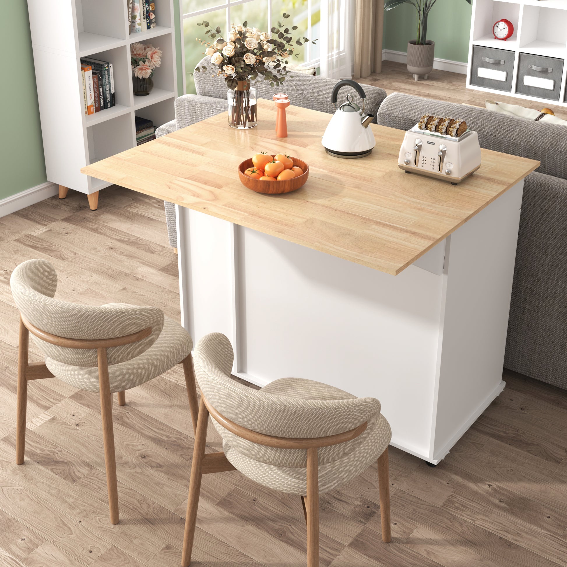 White cordless electric kettle with black accents on a light wood table