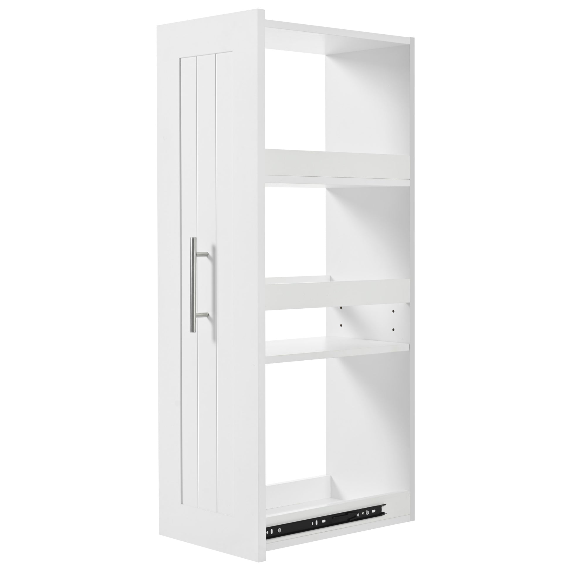 White pantry cabinet with paneled door and open shelves