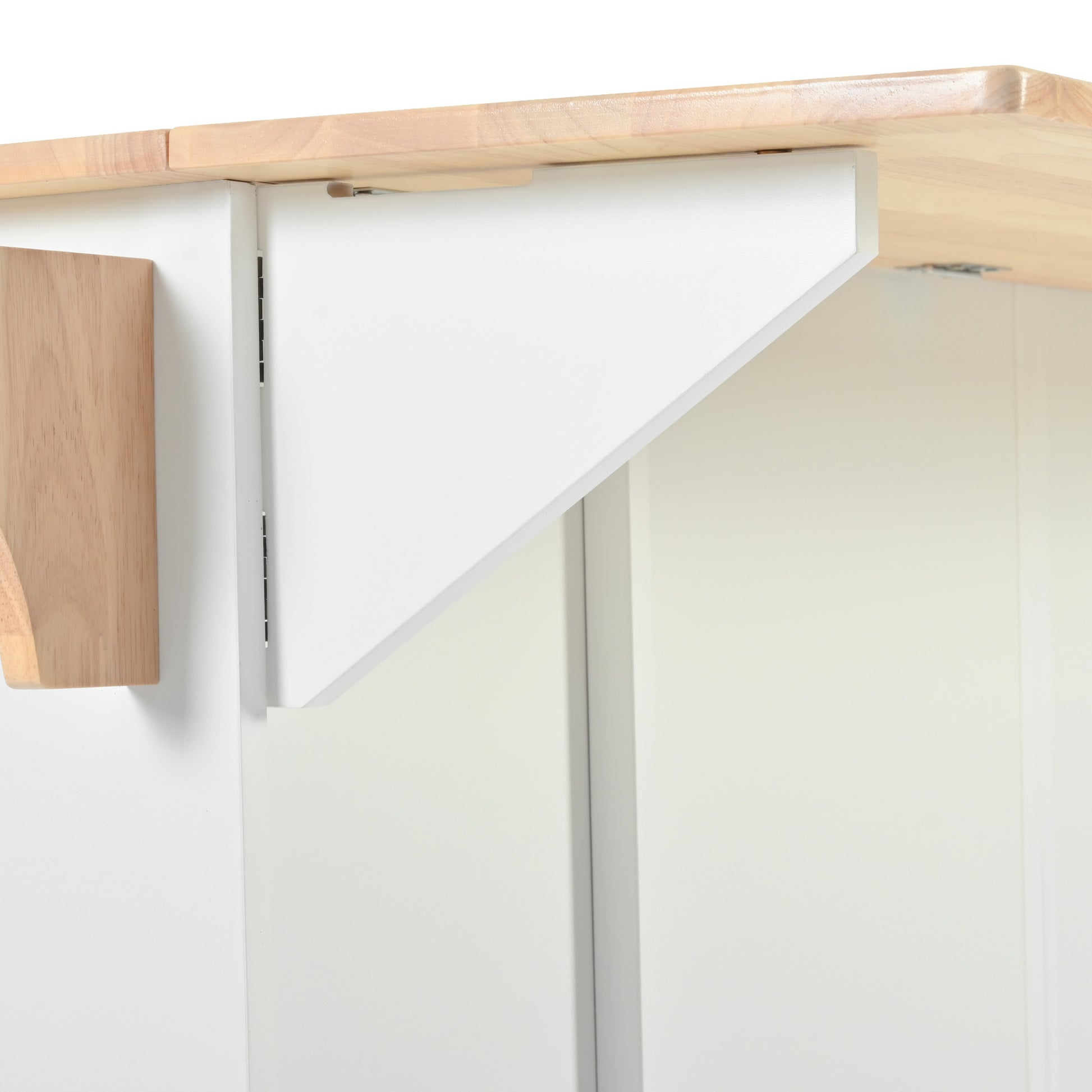 Closeup of wooden drop leaf tables natural wood edge and white support bracket