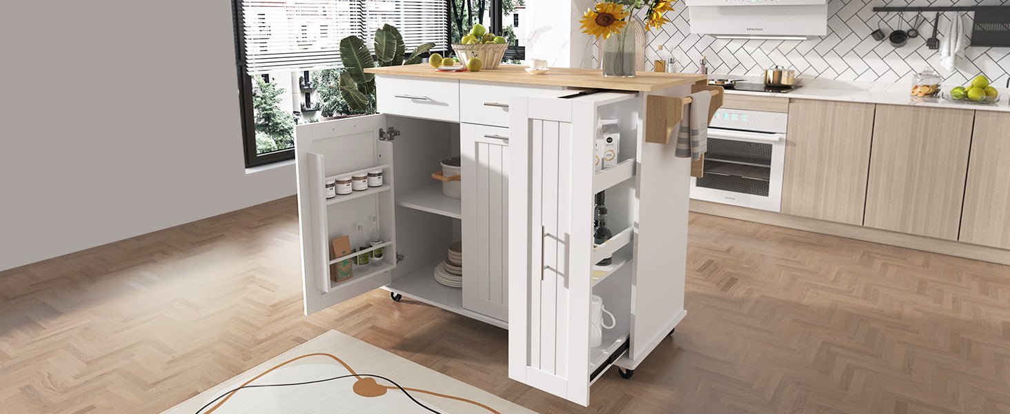 White kitchen island with butcher block top and open storage shelves displaying jars and cookware