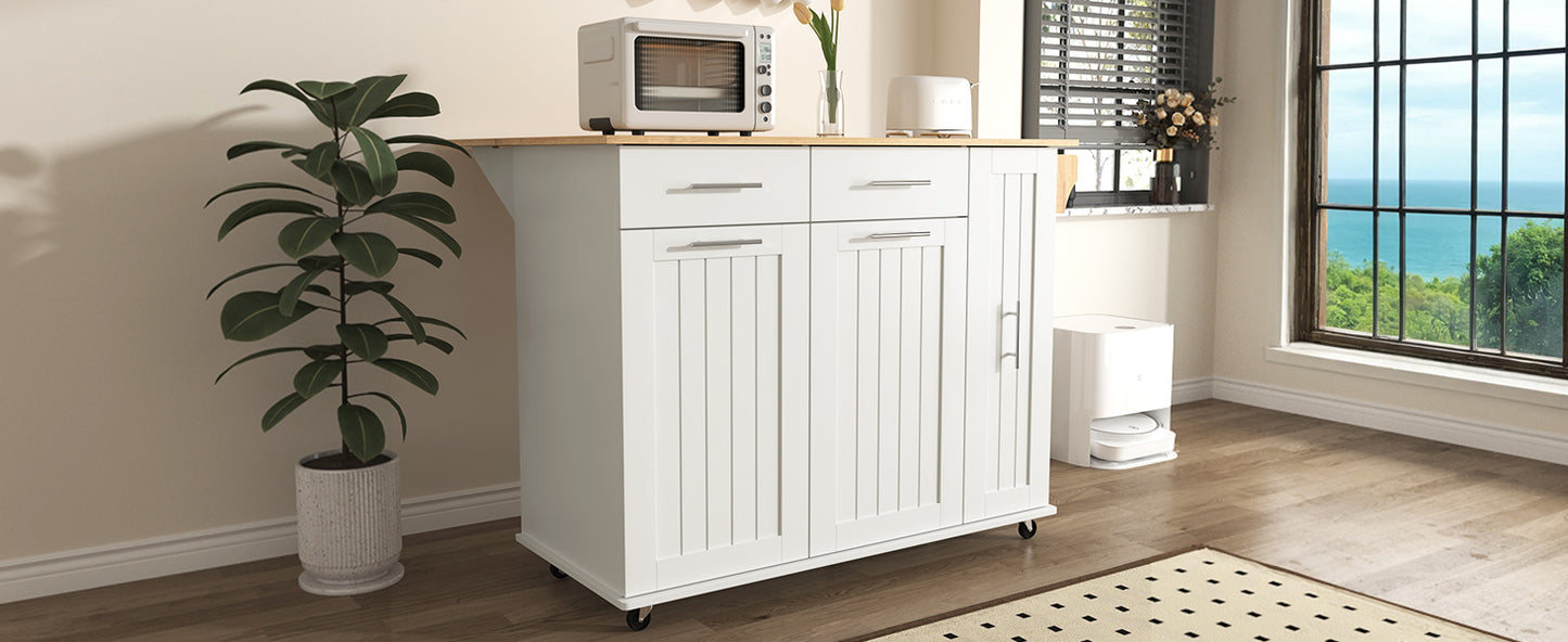 White kitchen island cart with butcher block top and silver hardware for food prep