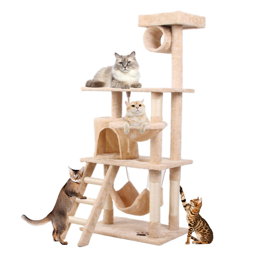 Multilevel beige cat tree with hammock and tunnel featuring cats climbing and lounging