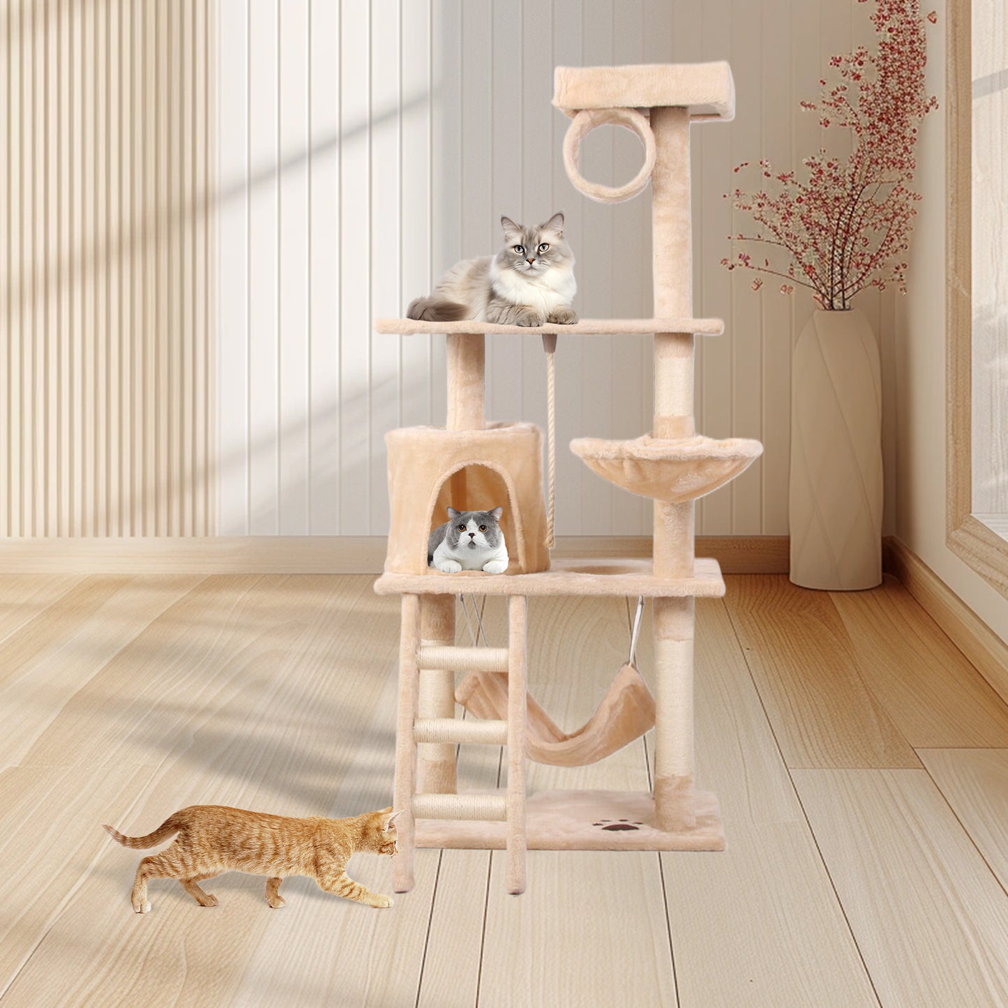 Beige multilevel cat tree with scratching posts hammock and plush beds for feline relaxation