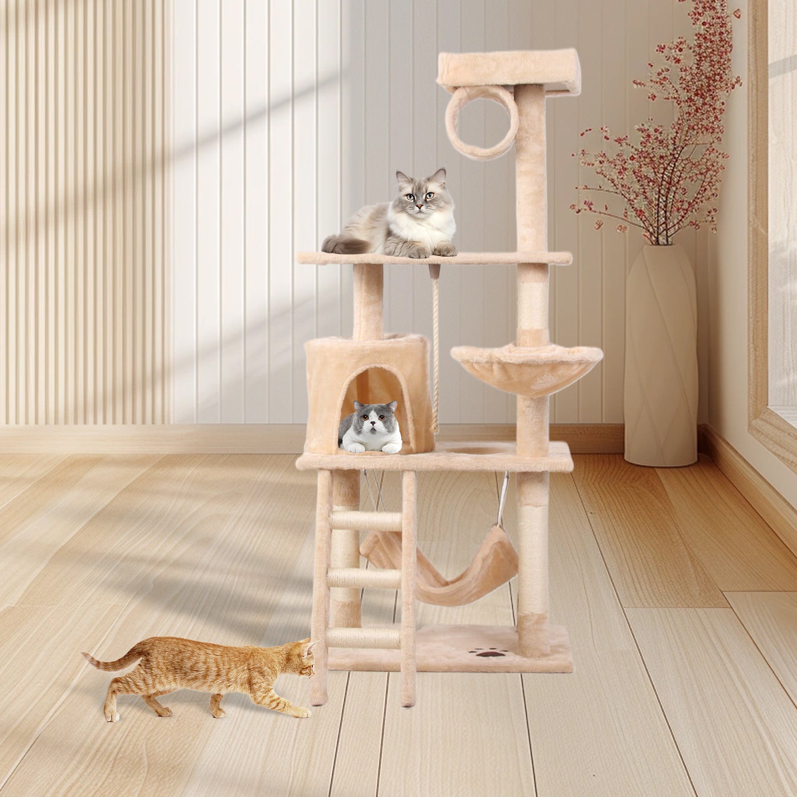 Beige multilevel cat tree with scratching posts hammock and plush beds for feline relaxation