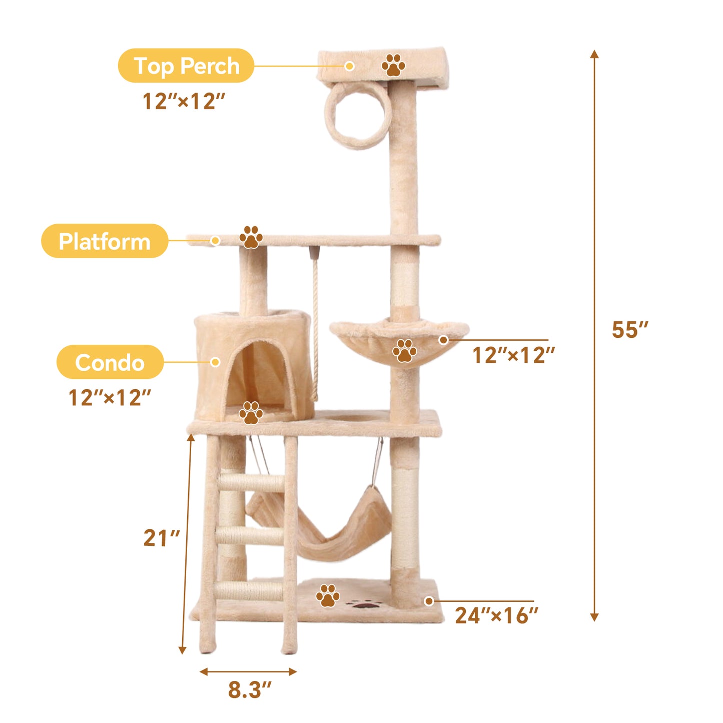 Beige multilevel cat tree with condo hammock and scratching posts