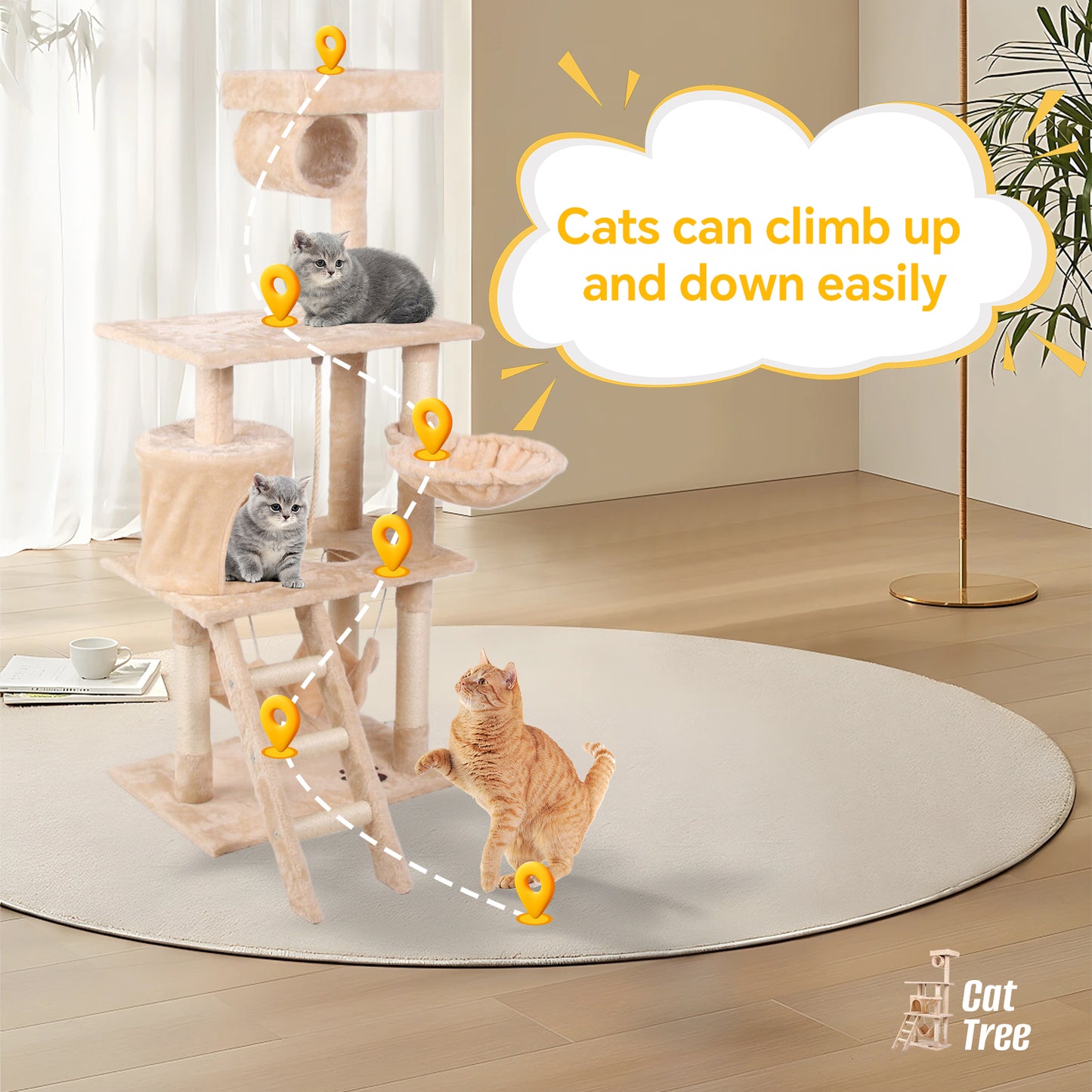 Plush beige cat tree with multiple levels and dangling toys featuring two kittens playing