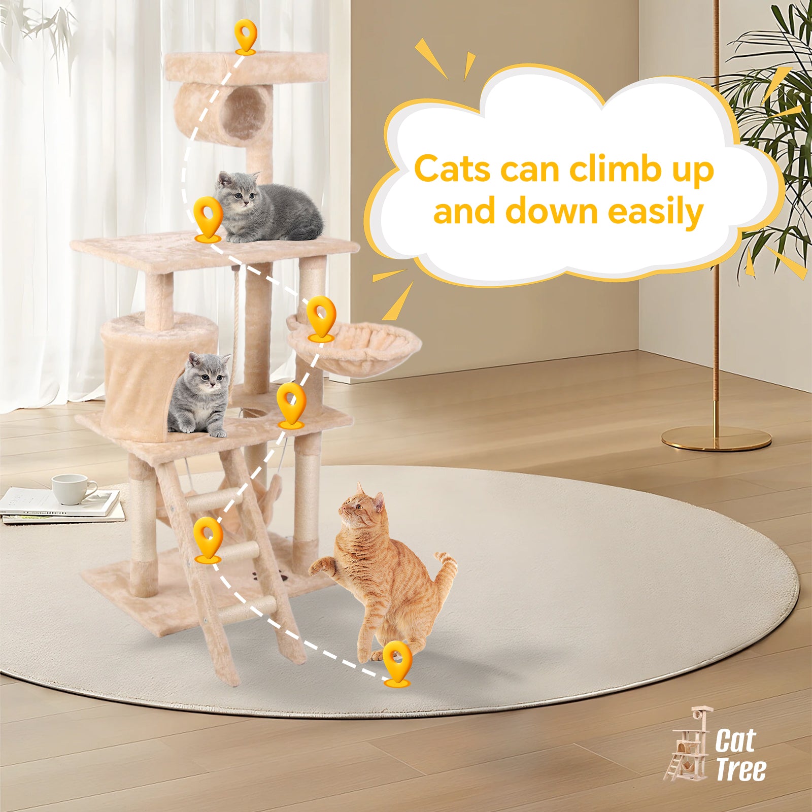 Plush beige cat tree with multiple levels and dangling toys featuring two kittens playing