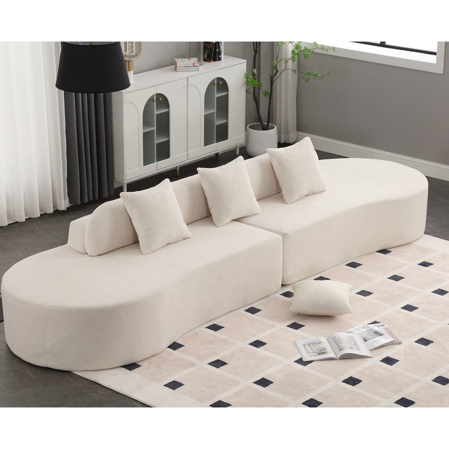 Cream modular curved sofa with plush textured fabric contemporary living room seating
