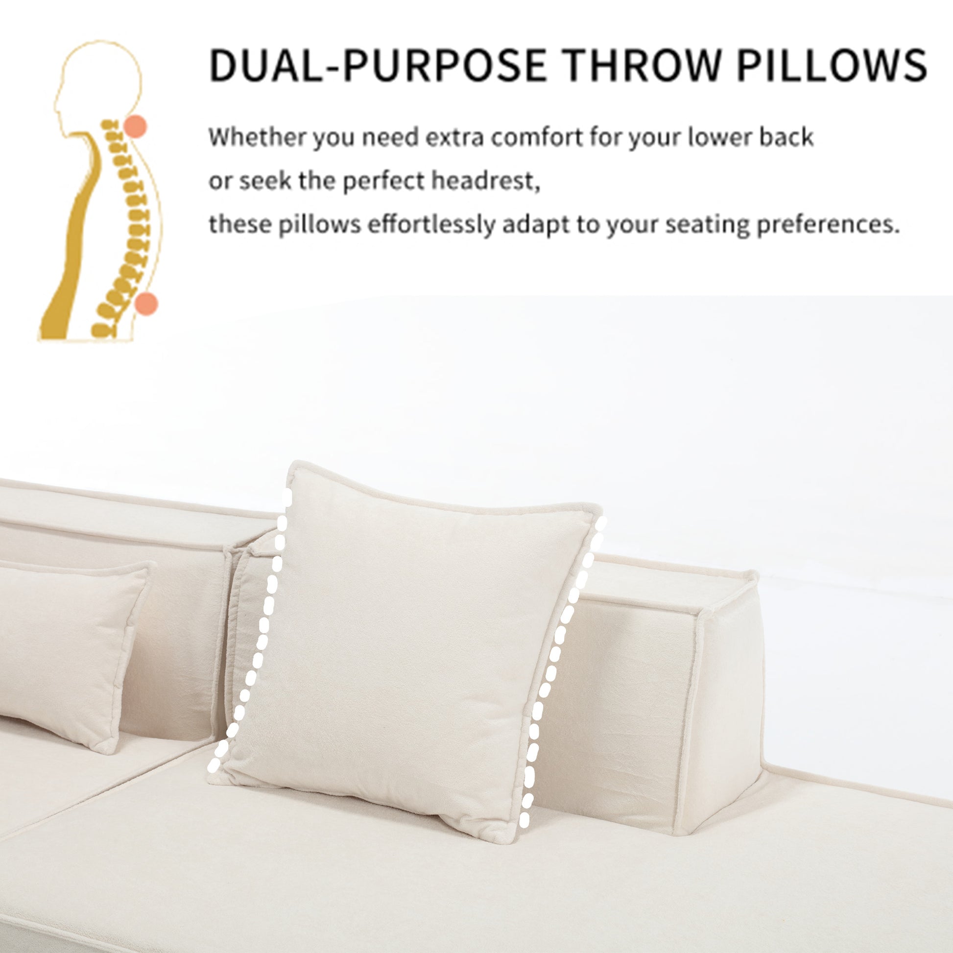 Beige lumbar support pillow with plush fabric texture and stitched edge detail
