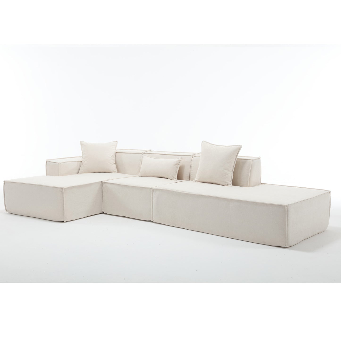 Modular sectional sofa in a light beige fabric featuring deep seats and plush cushions for ultimate comfort