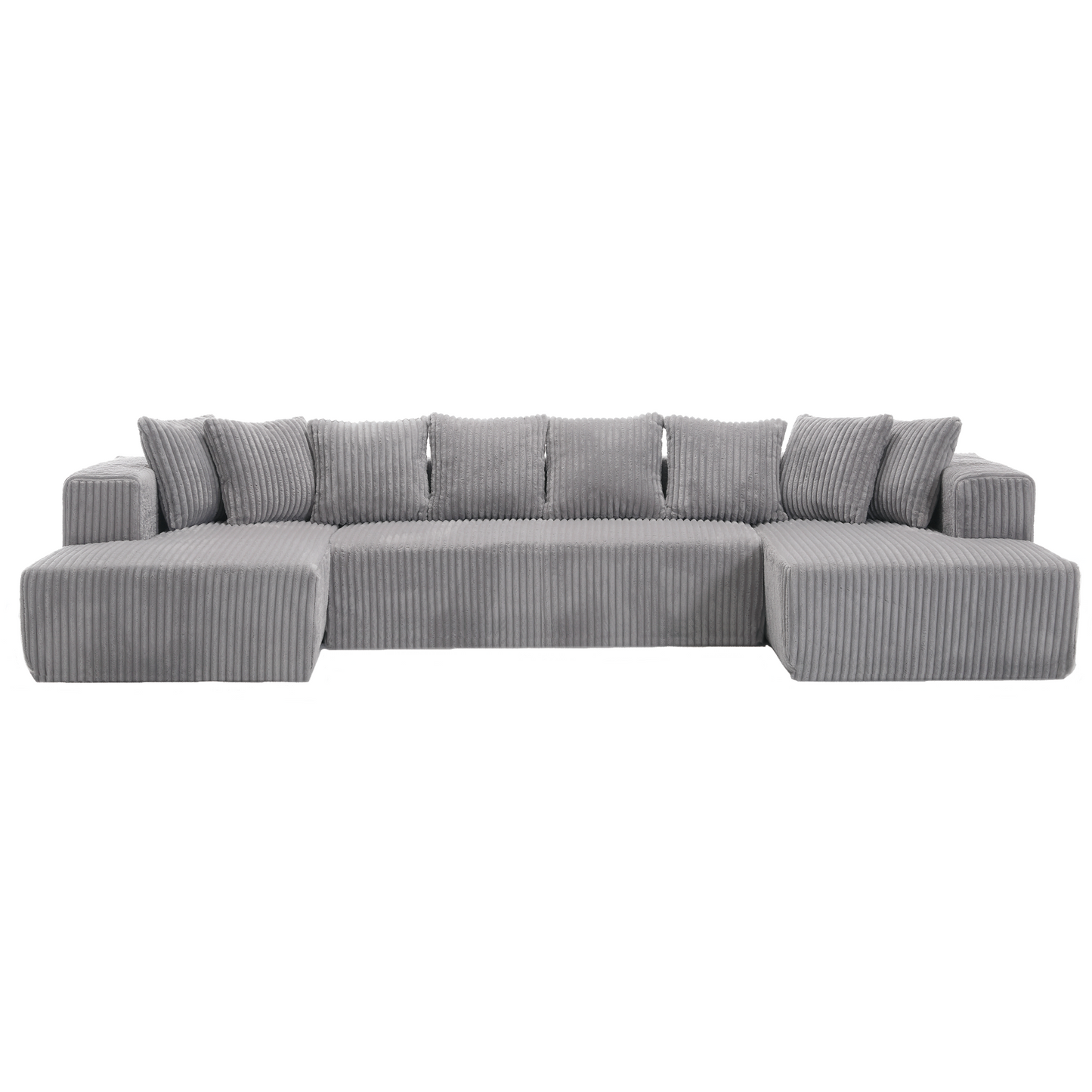 Modern grey corduroy sectional sofa with plush pillows for a cozy living room