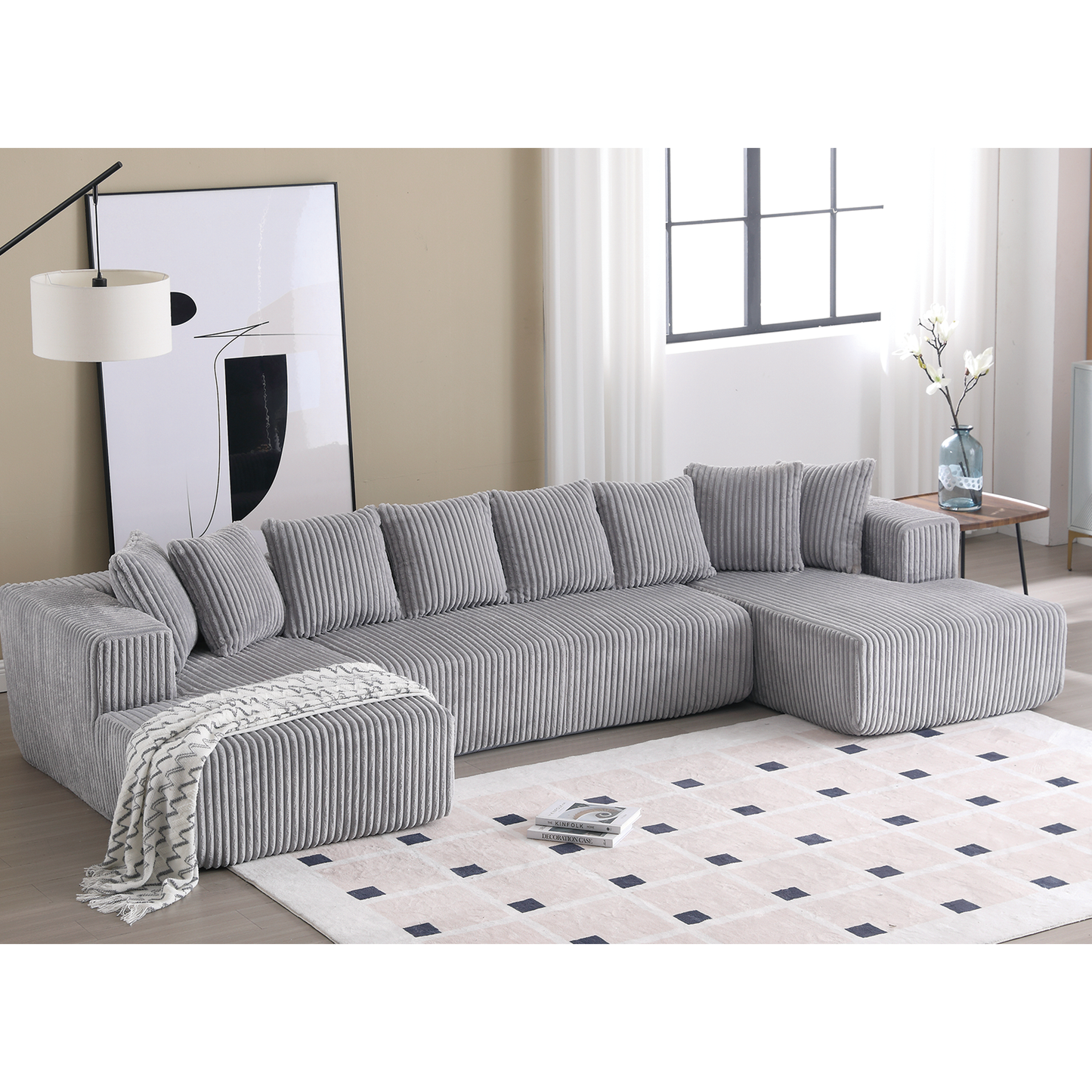 Comfortable corduroy Ushaped sectional sofa in light gray perfect for modern living rooms