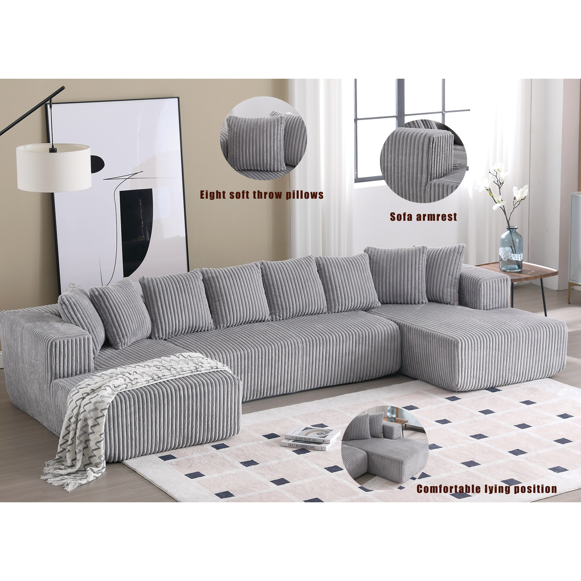 Gray corduroy sectional sofa with plush throw pillows and a cozy blanket