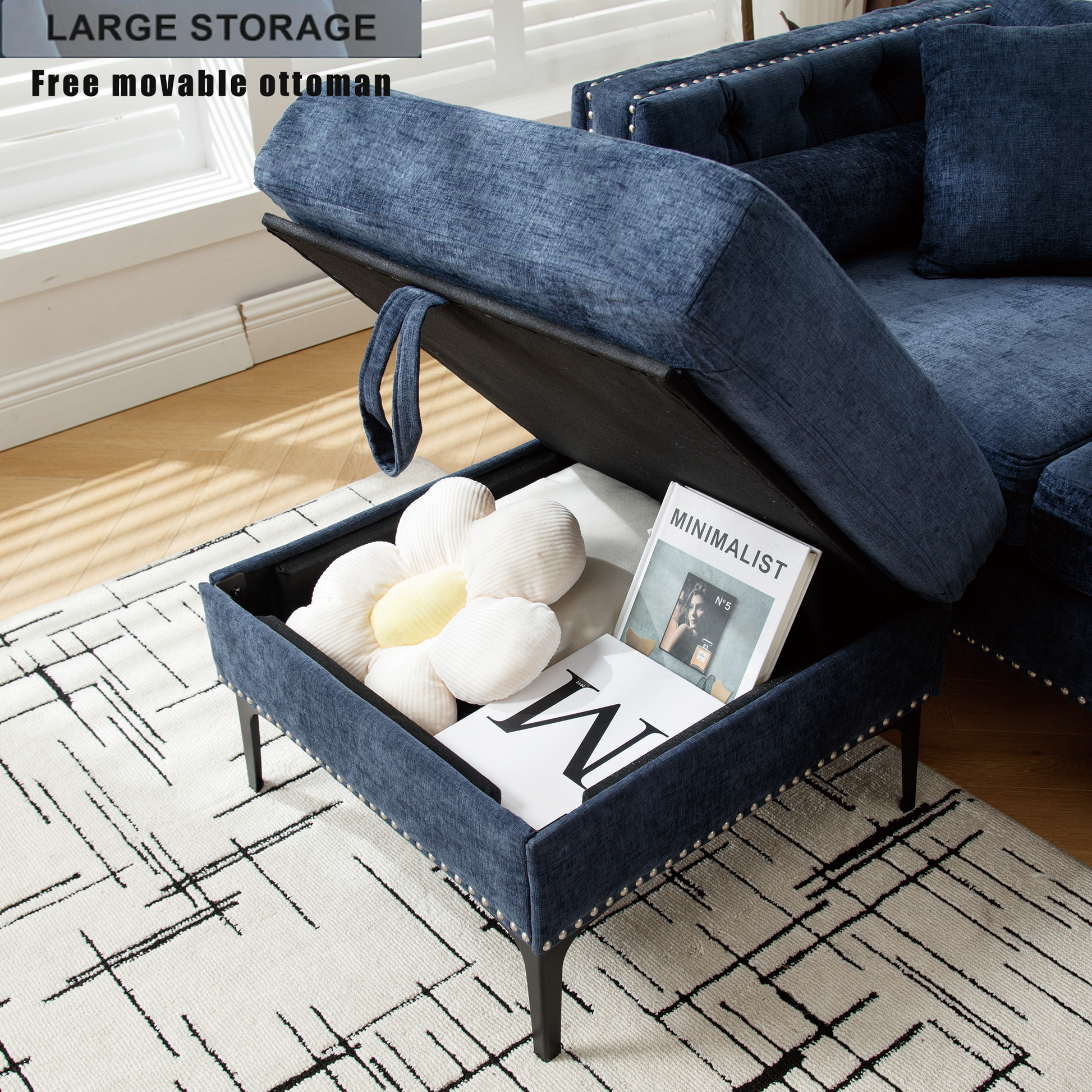 Blue upholstered ottoman with internal storage compartment featuring decorative studs