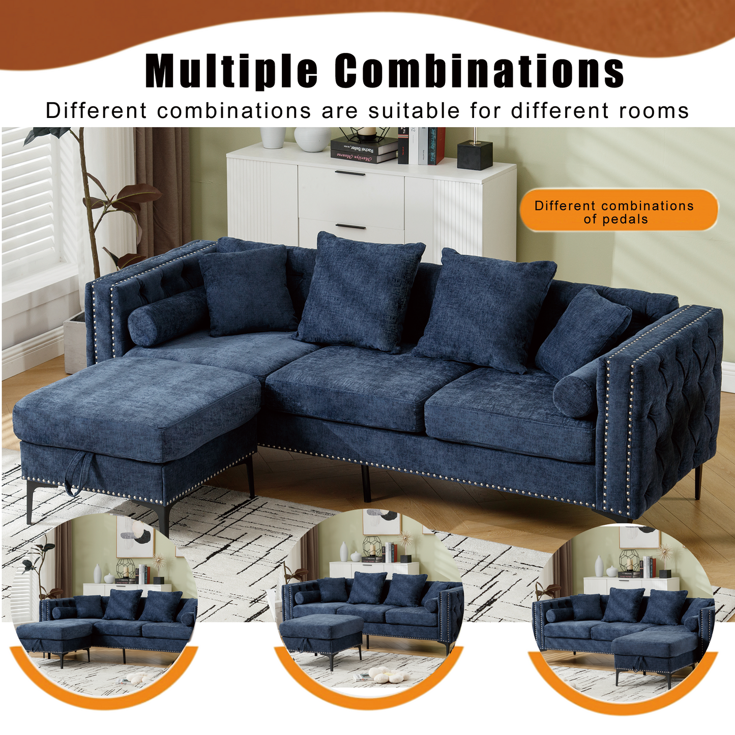 Deep blue velvet sectional sofa with tufted back and silver nailhead trim