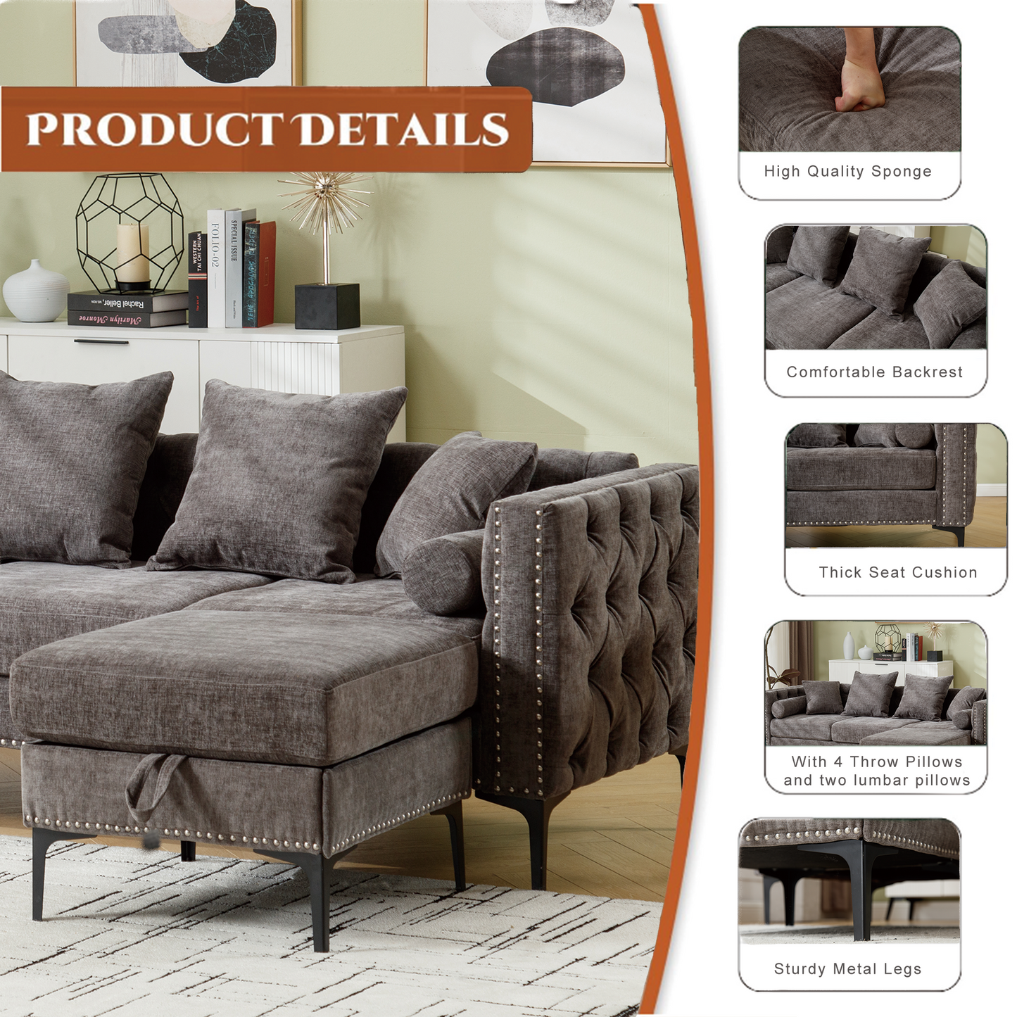 Plush charcoal grey sectional sofa with tufted back and silver nailhead trim