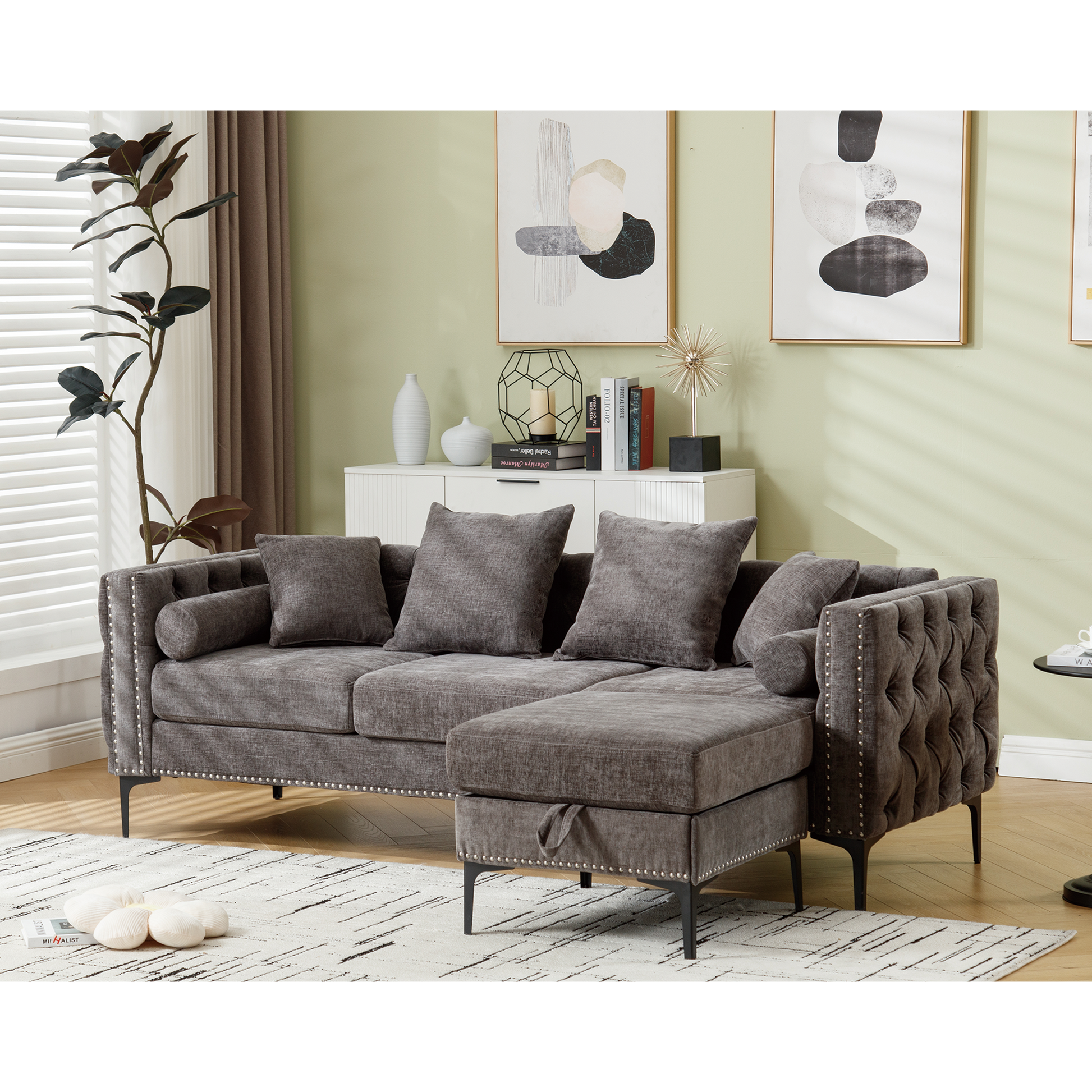 Gray tufted sectional sofa with nailhead trim and chaise storage modern living room