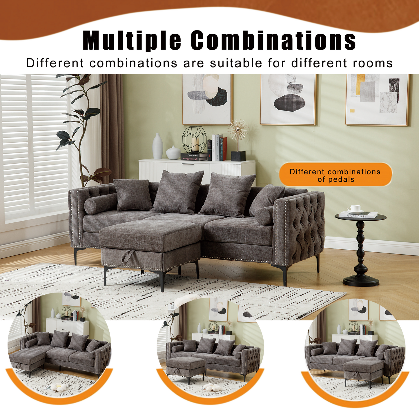 Tufted charcoal grey sectional sofa with chaise and storage ottoman contemporary style