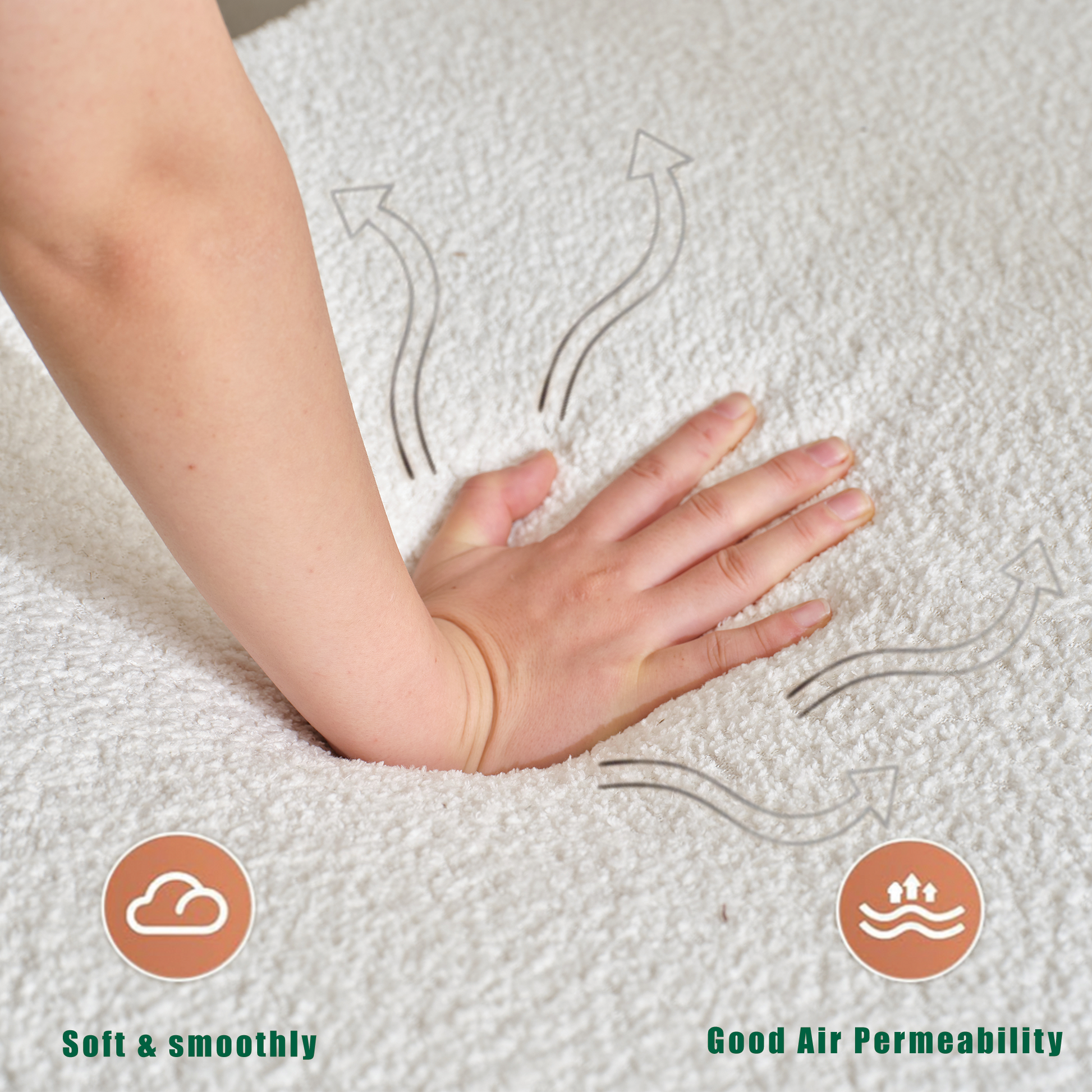White plush bath mat with hand showing softness and air permeability