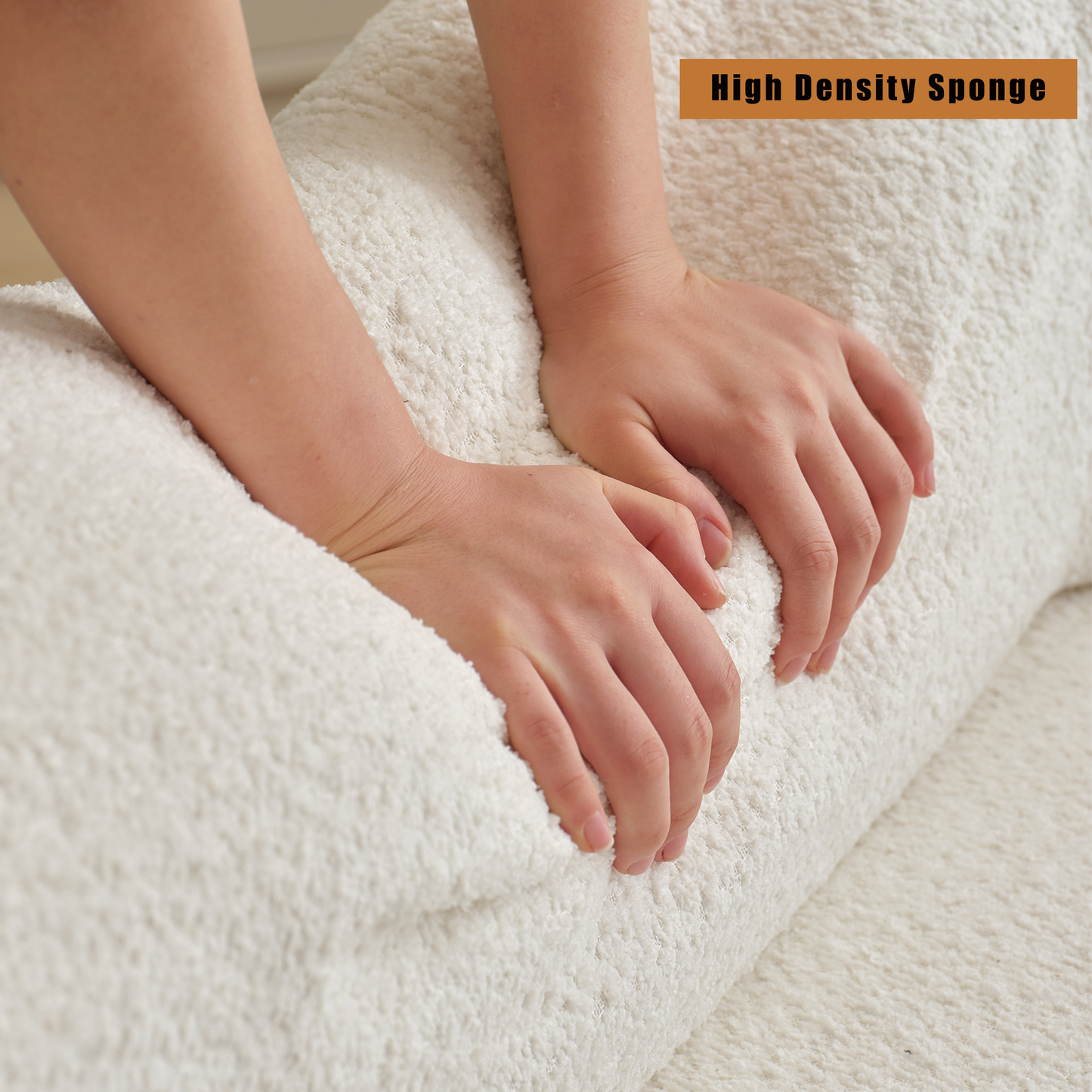 Hands pressing into plush white high density sponge cushion for comfort