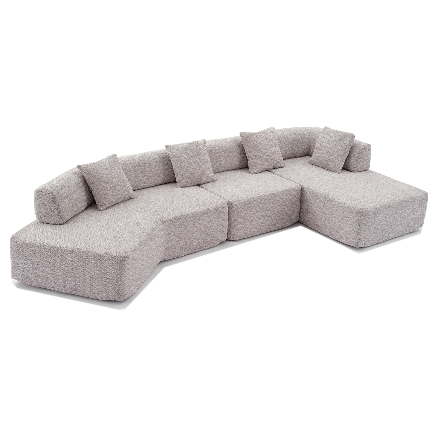Modern modular sectional sofa in light gray textured fabric with plush cushions