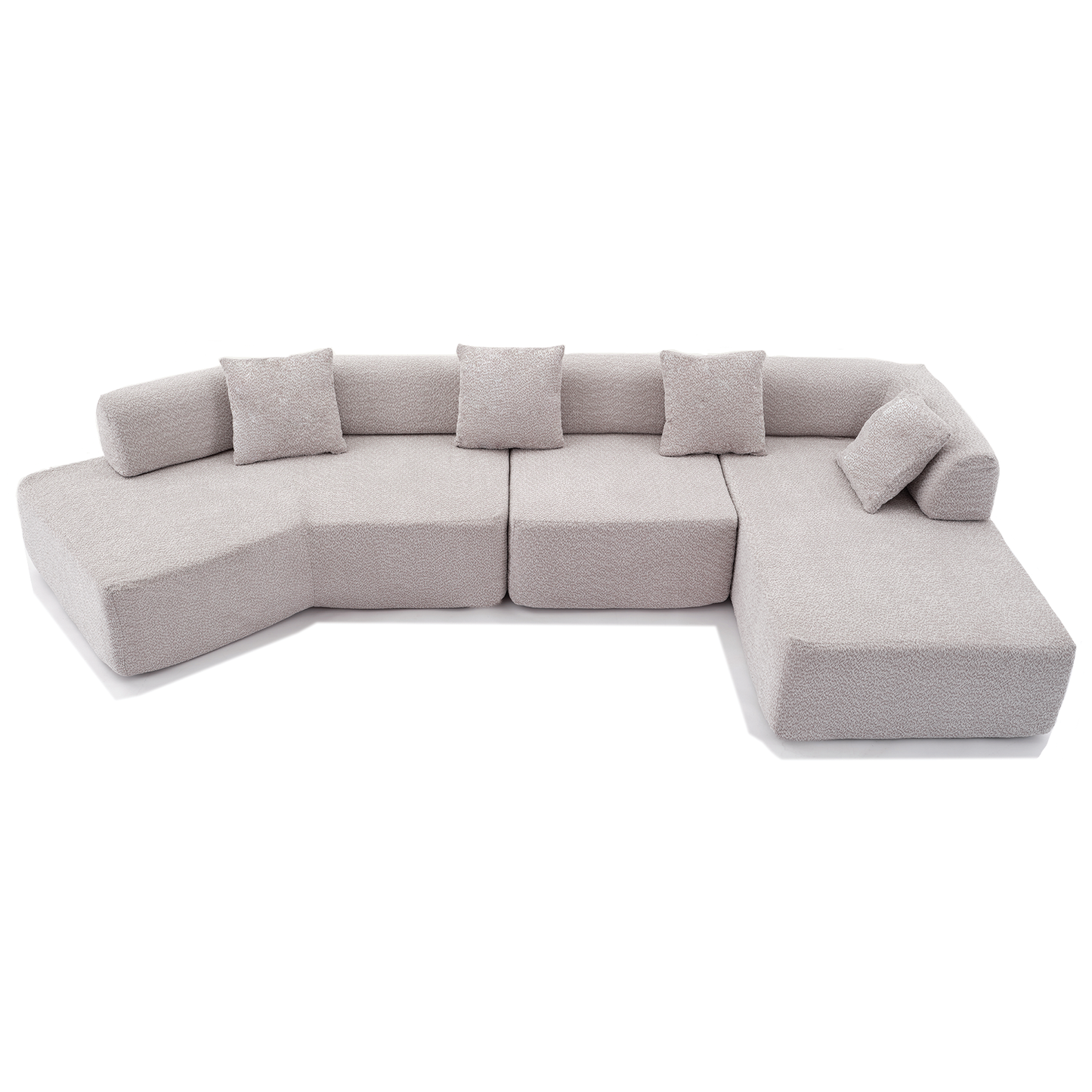Modern light grey boucle sectional sofa with scatter cushions ideal for spacious living rooms