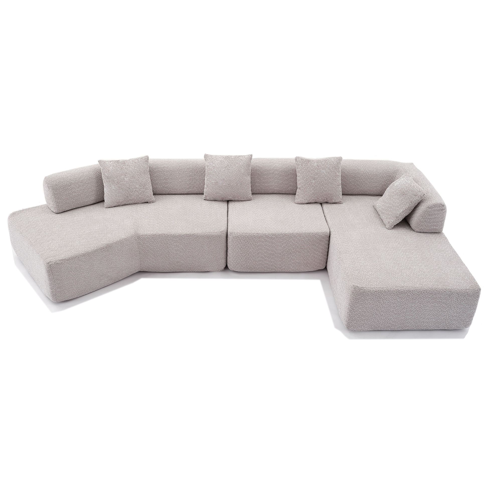 Modern light grey boucle sectional sofa with scatter cushions ideal for spacious living rooms