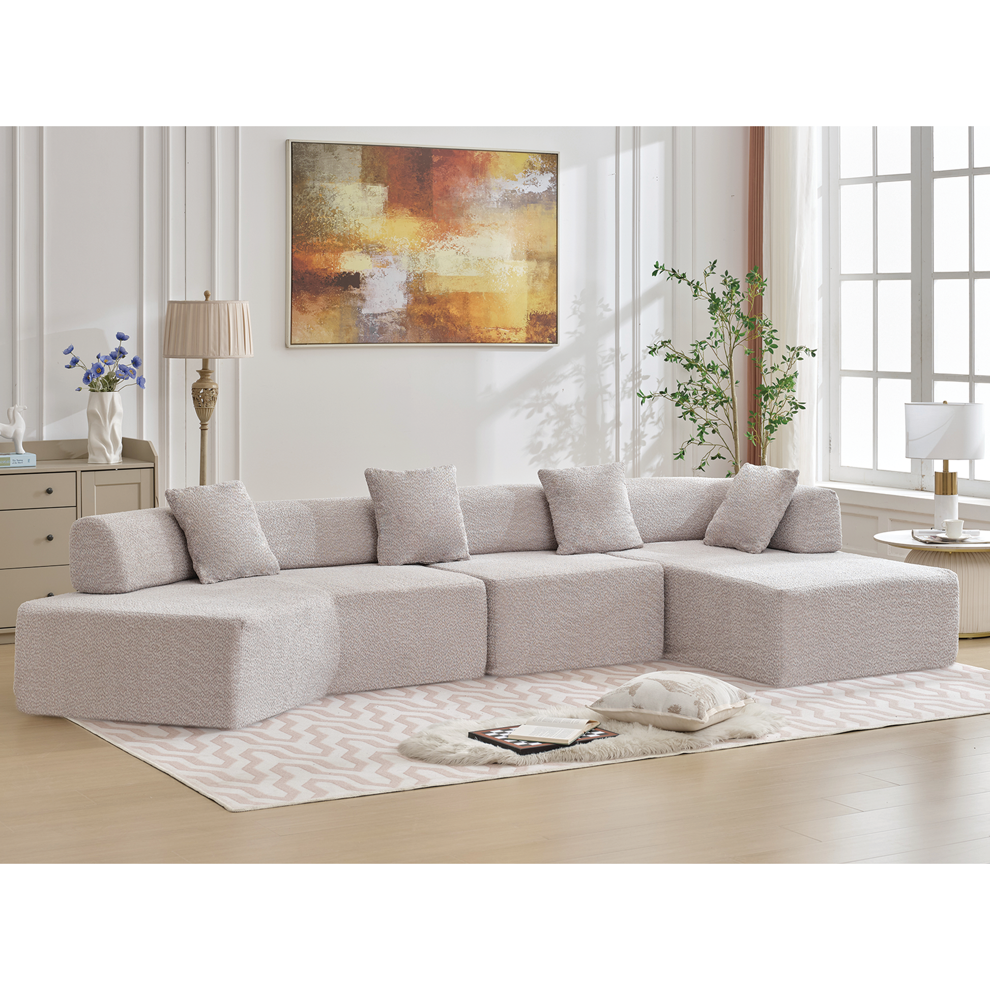 Plush sectional sofa in a neutral beige tone offering a comfortable and modern living room seating solution