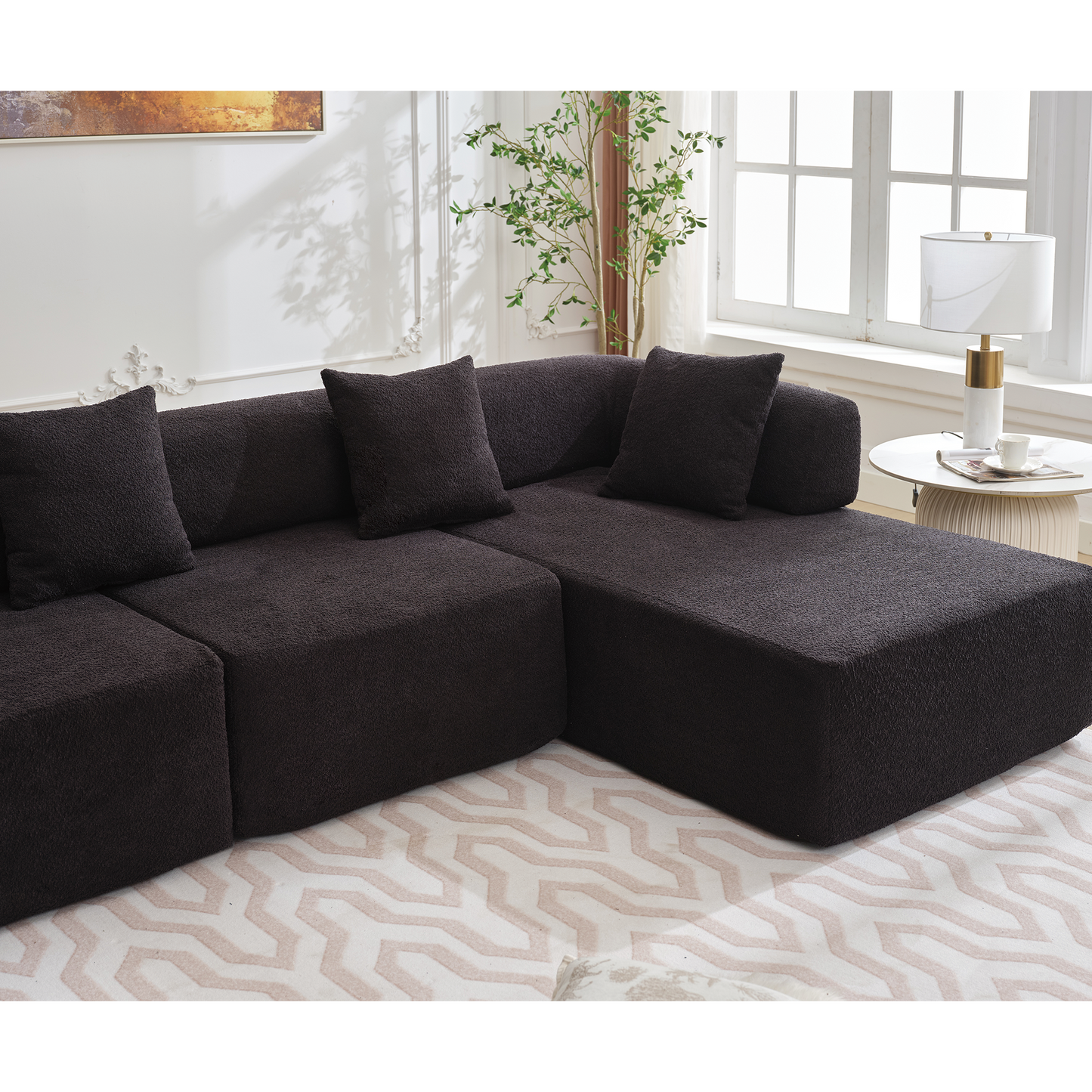 Dark brown boucl fabric sectional sofa with throw pillows modern living room furniture