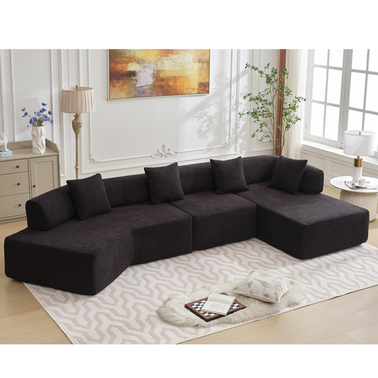 Dark brown sectional sofa with plush fabric and modern block design