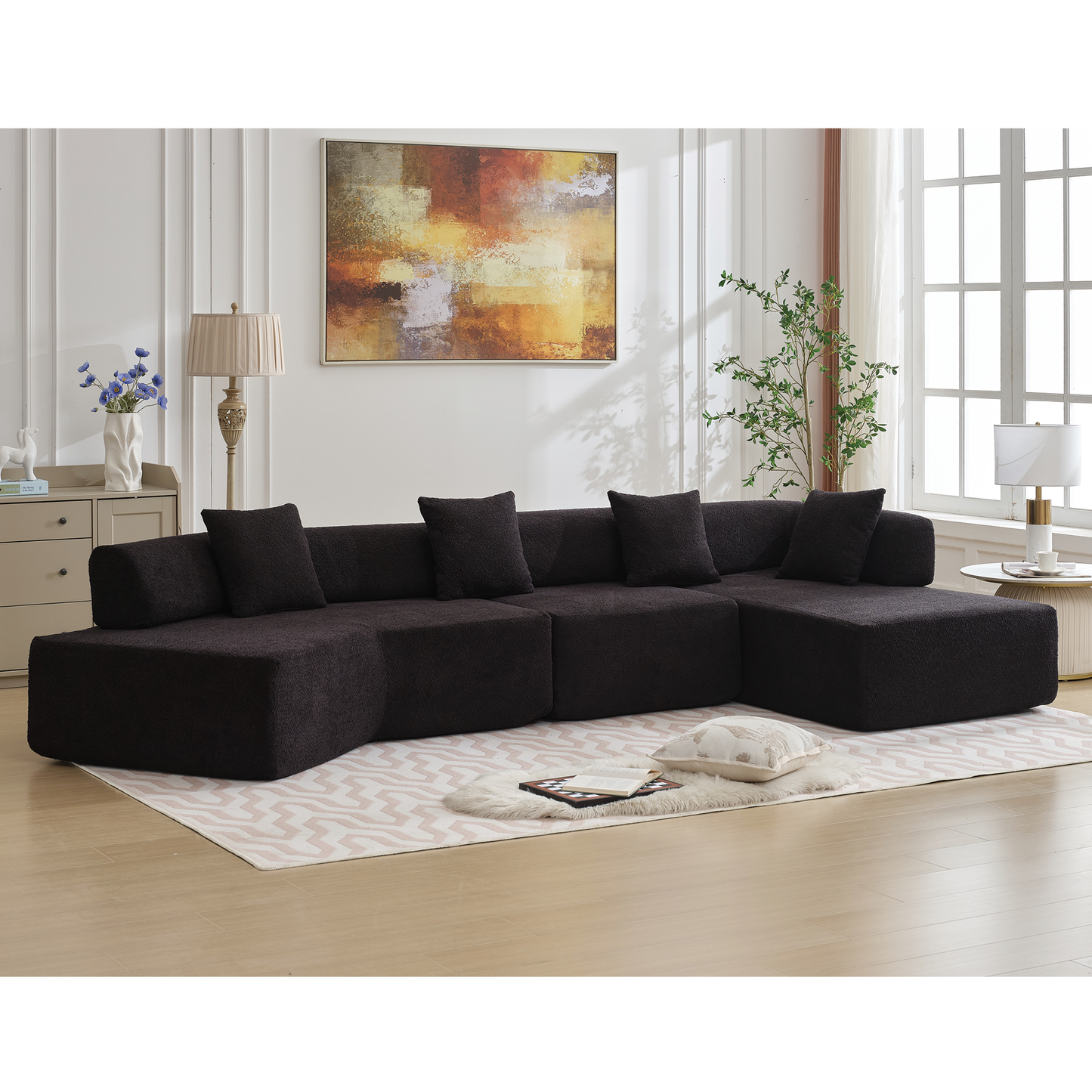 Dark brown sectional sofa with textured fabric and plush cushions perfect for modern living rooms