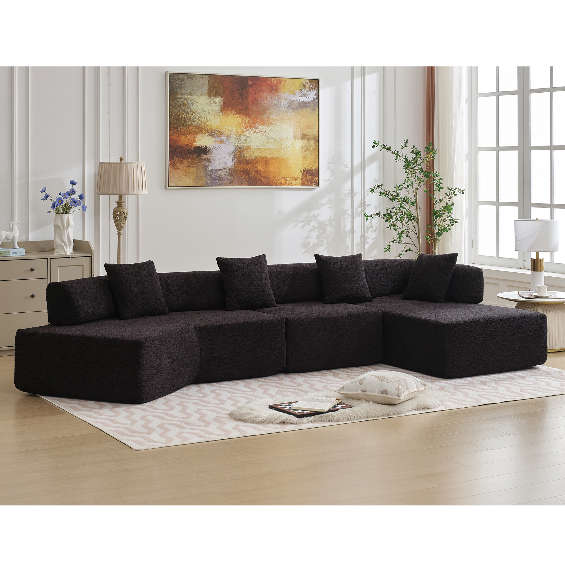 Dark brown sectional sofa with textured fabric and plush cushions perfect for modern living rooms