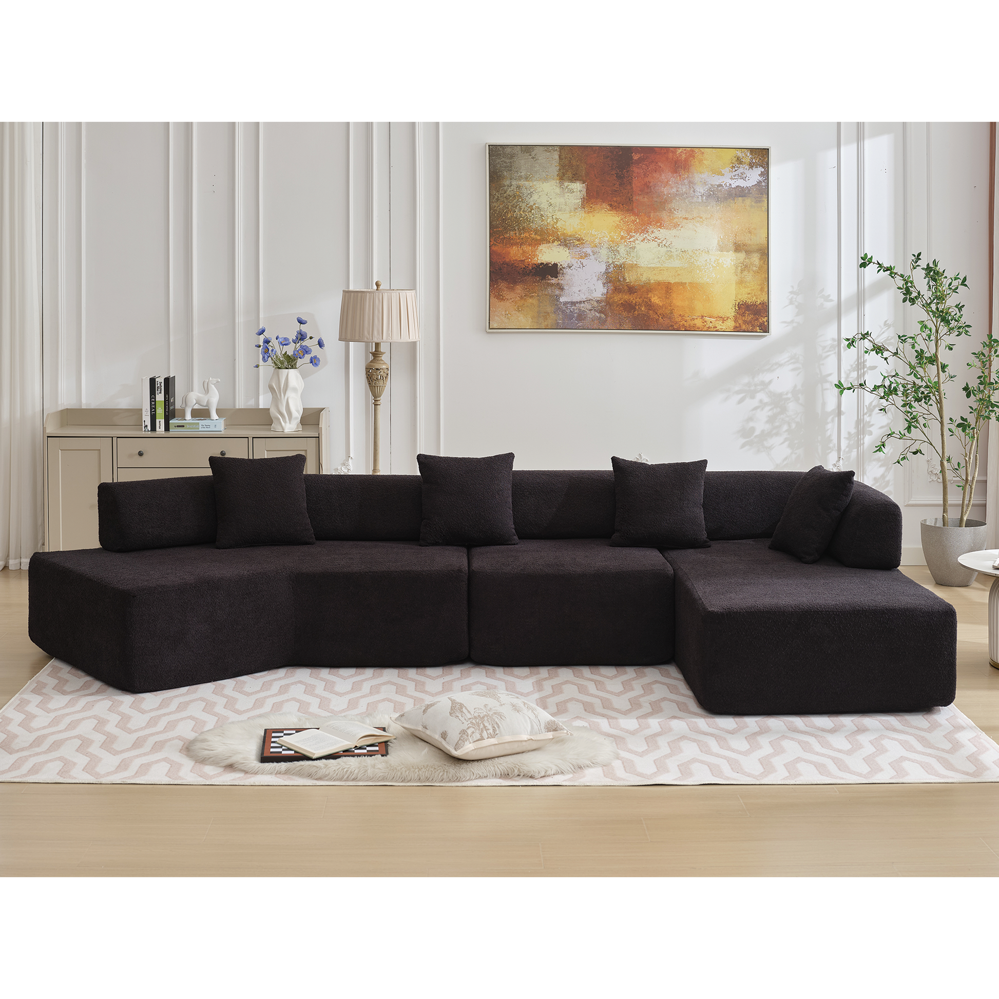 Dark brown sectional sofa with textured fabric and plush cushions ideal for modern living rooms