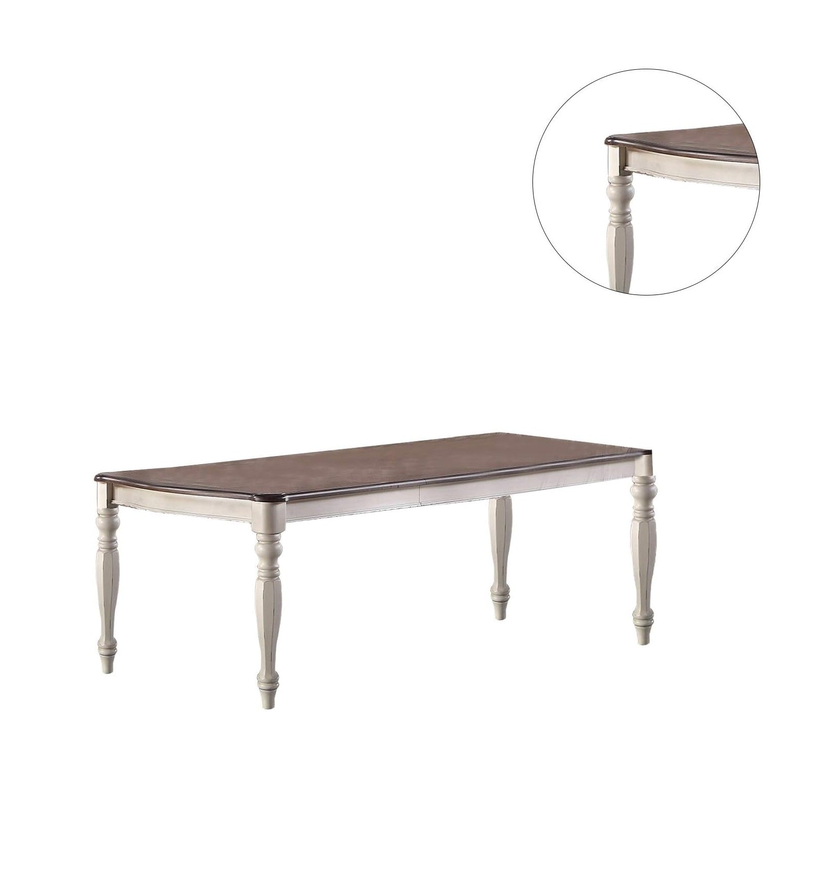 Distressed white and dark wood farmhouse dining table with turned legs