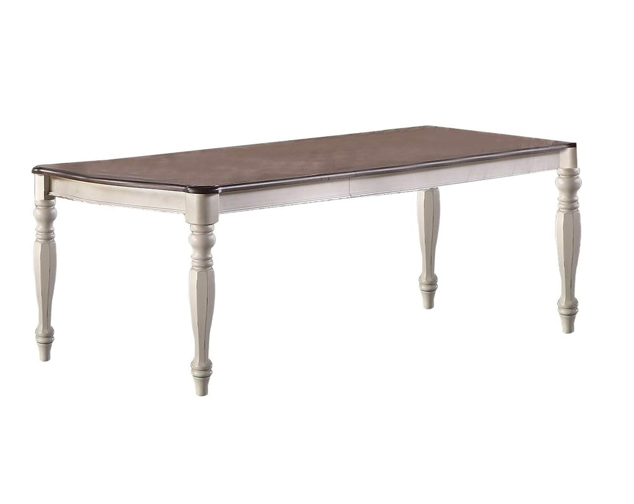 Rectangular dining table with a dark brown wood top and distressed white base with turned legs