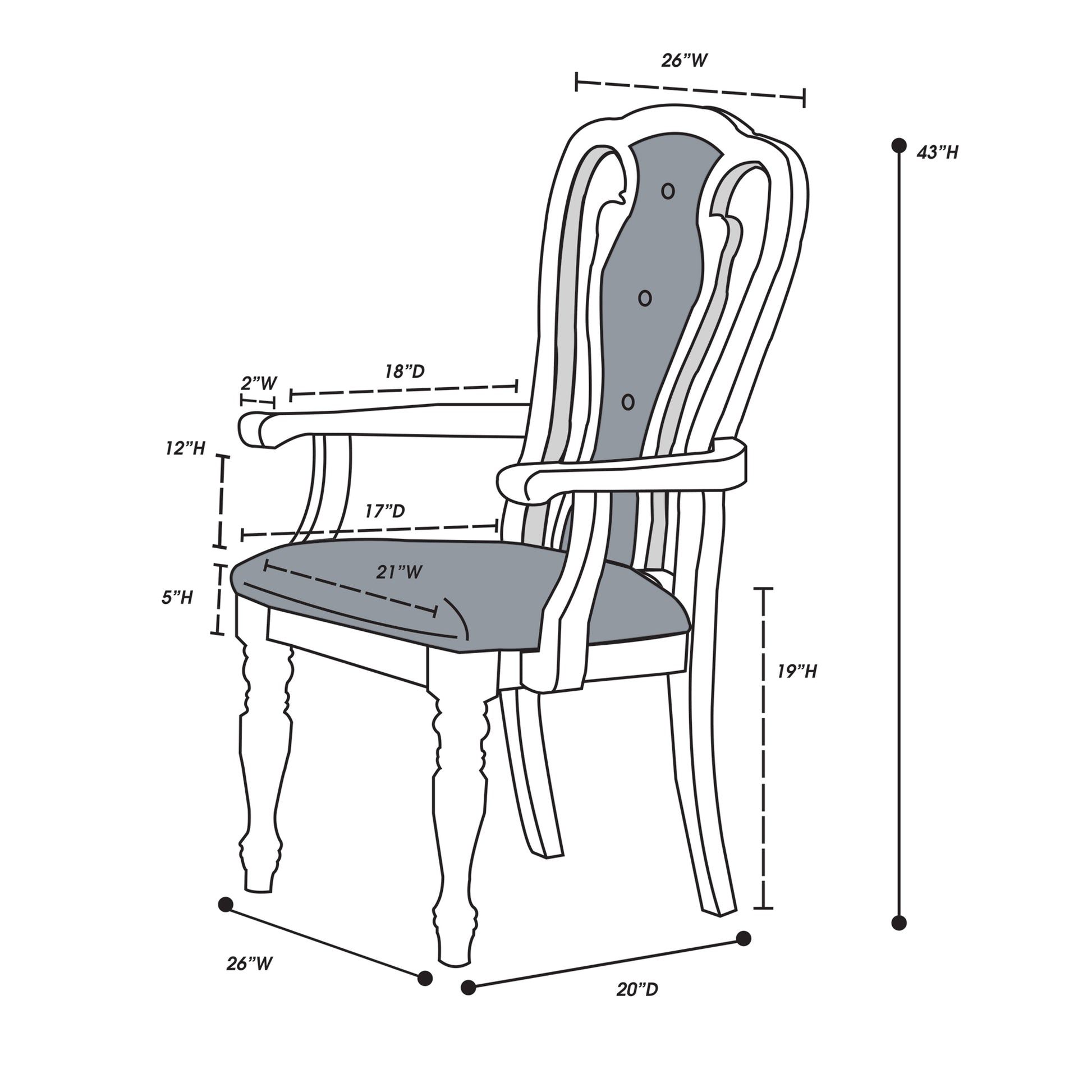 Line drawing of an ornate armchair with tufted gray upholstery and carved wood details