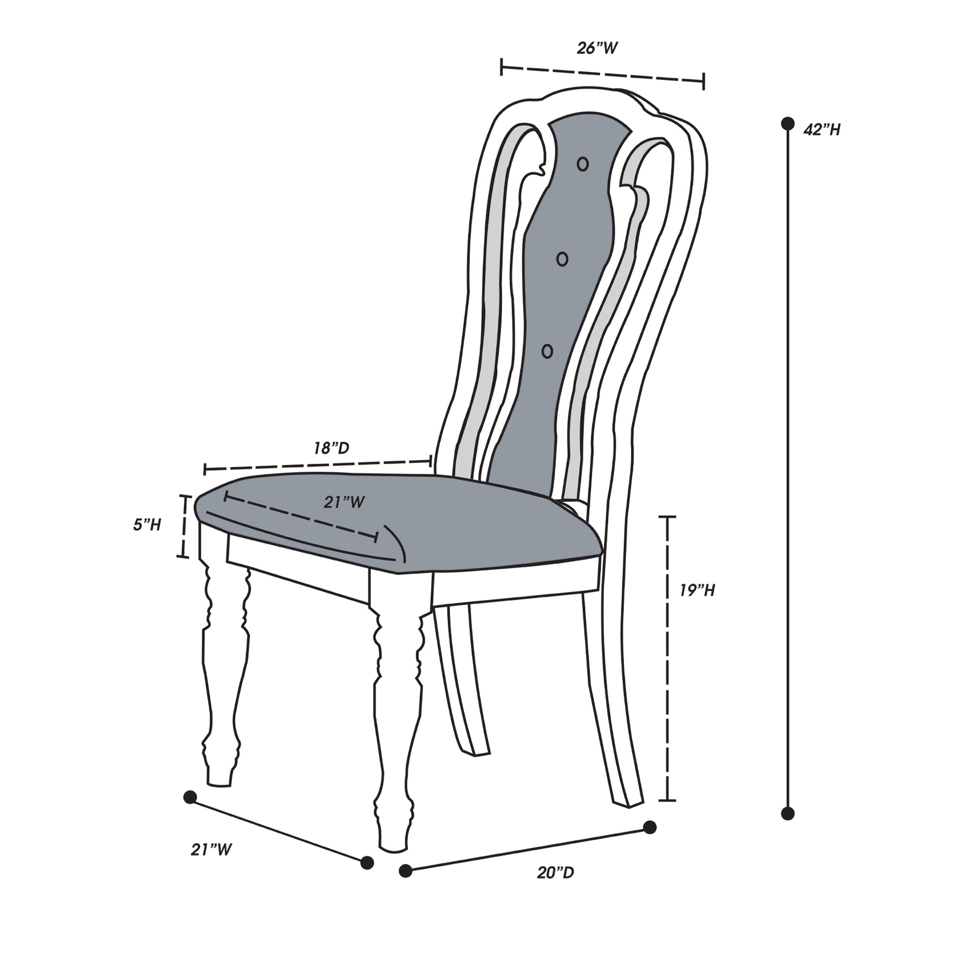 Outline drawing of a buttontufted dining chair with elegant carved legs