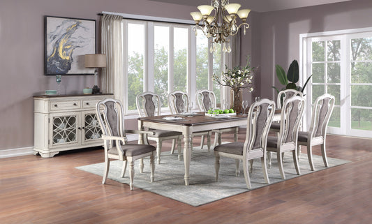 Elegant ivory and wood dining set with upholstered chairs for formal dining