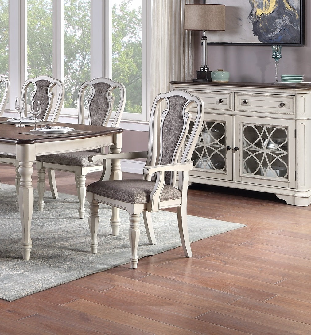 Ornate white upholstered armchair with tufted grey seat for dining room