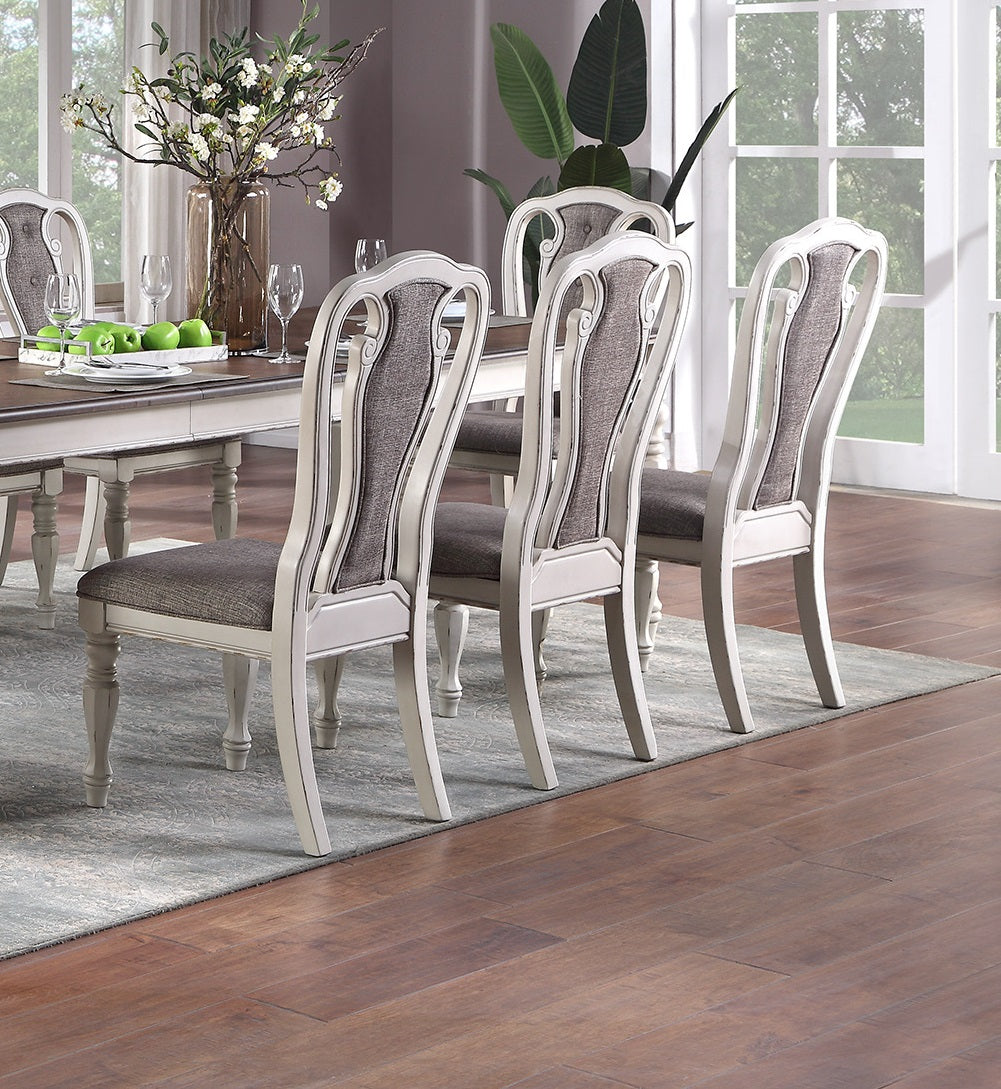 White distressed dining chairs with grey upholstered seats
