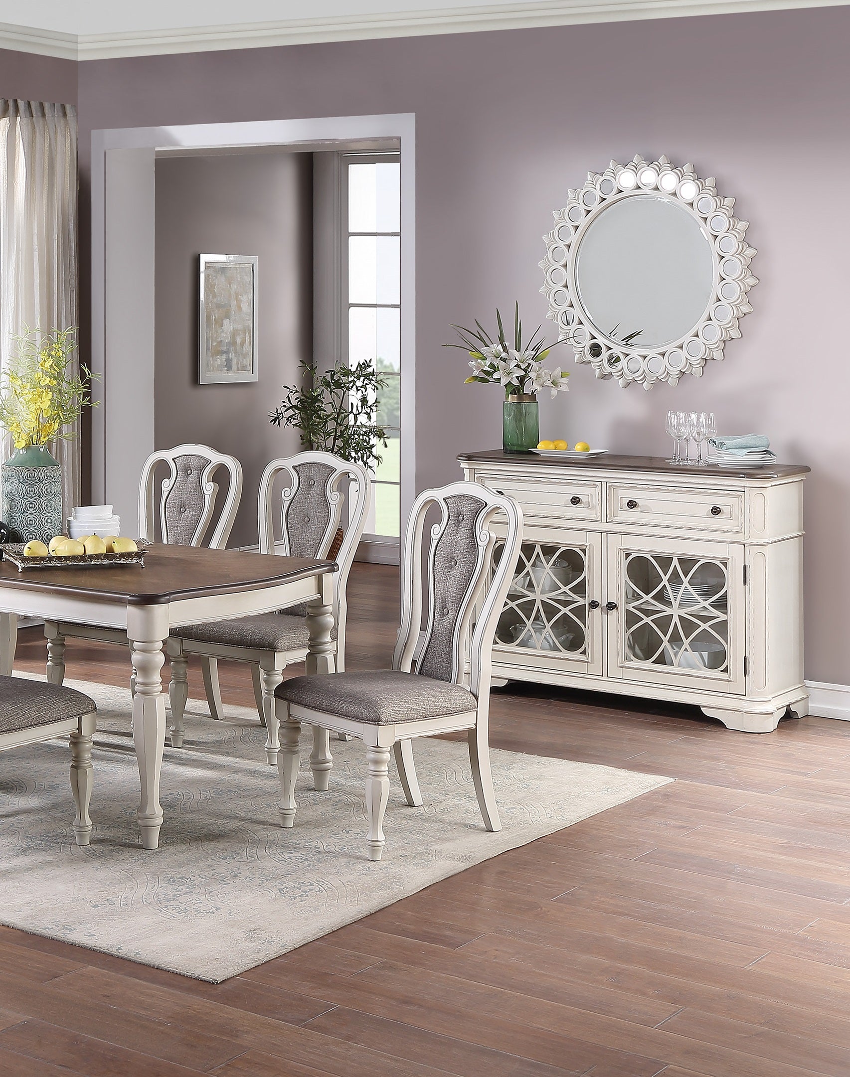 Tufted grey upholstered dining chair with creampainted ornate wood frame