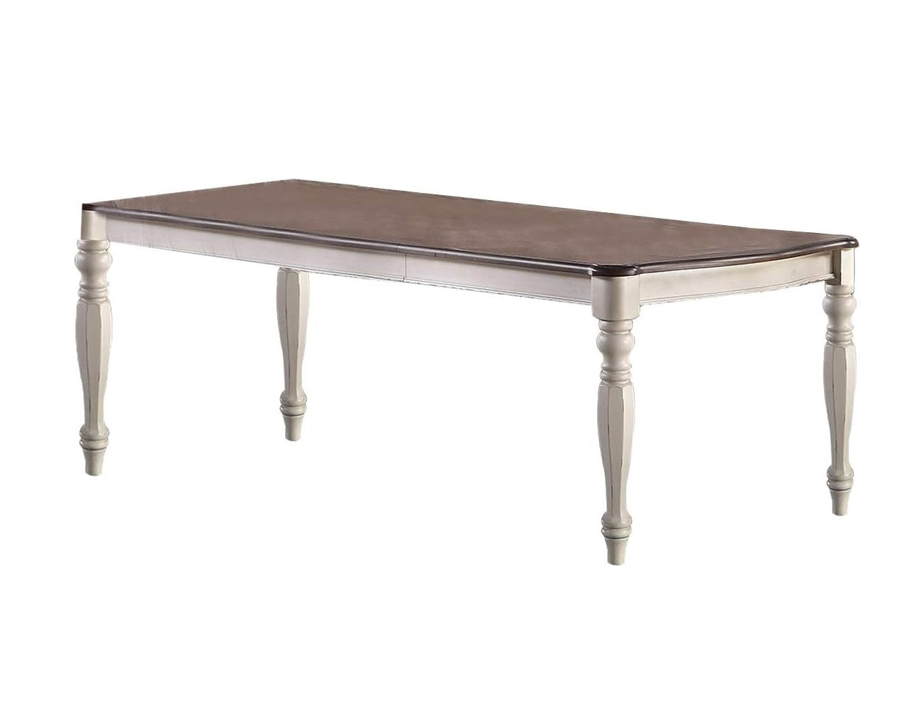 Elegant rectangular dining table with a rich wood top and distressed cream legs
