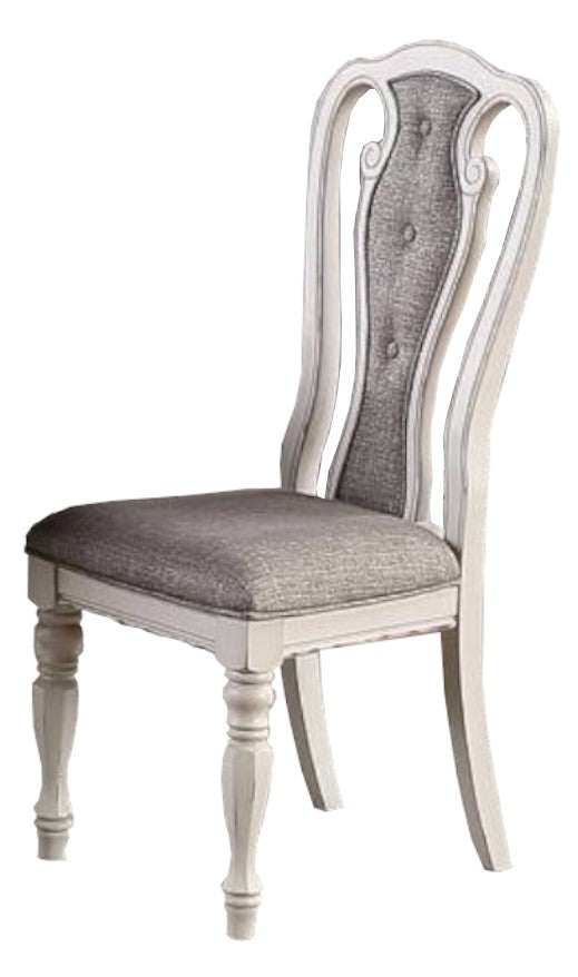 Elegant upholstered dining chair with tufted gray fabric and distressed white wooden frame