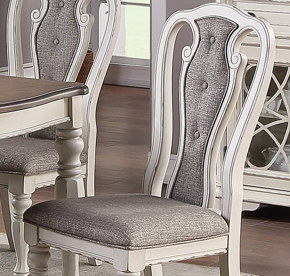Tufted upholstered dining chair with cream frame and grey fabric seat