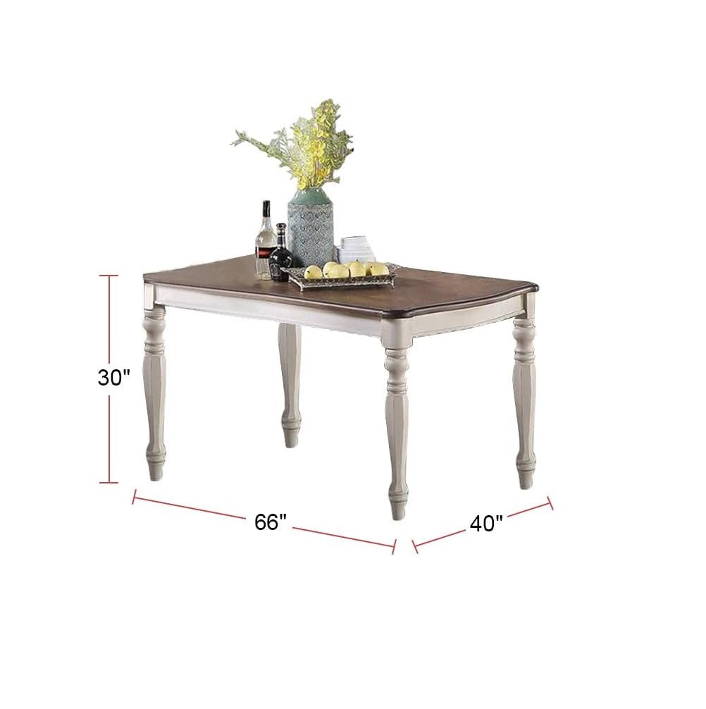 Rectangular dining table with a brown wood top and distressed white base  L