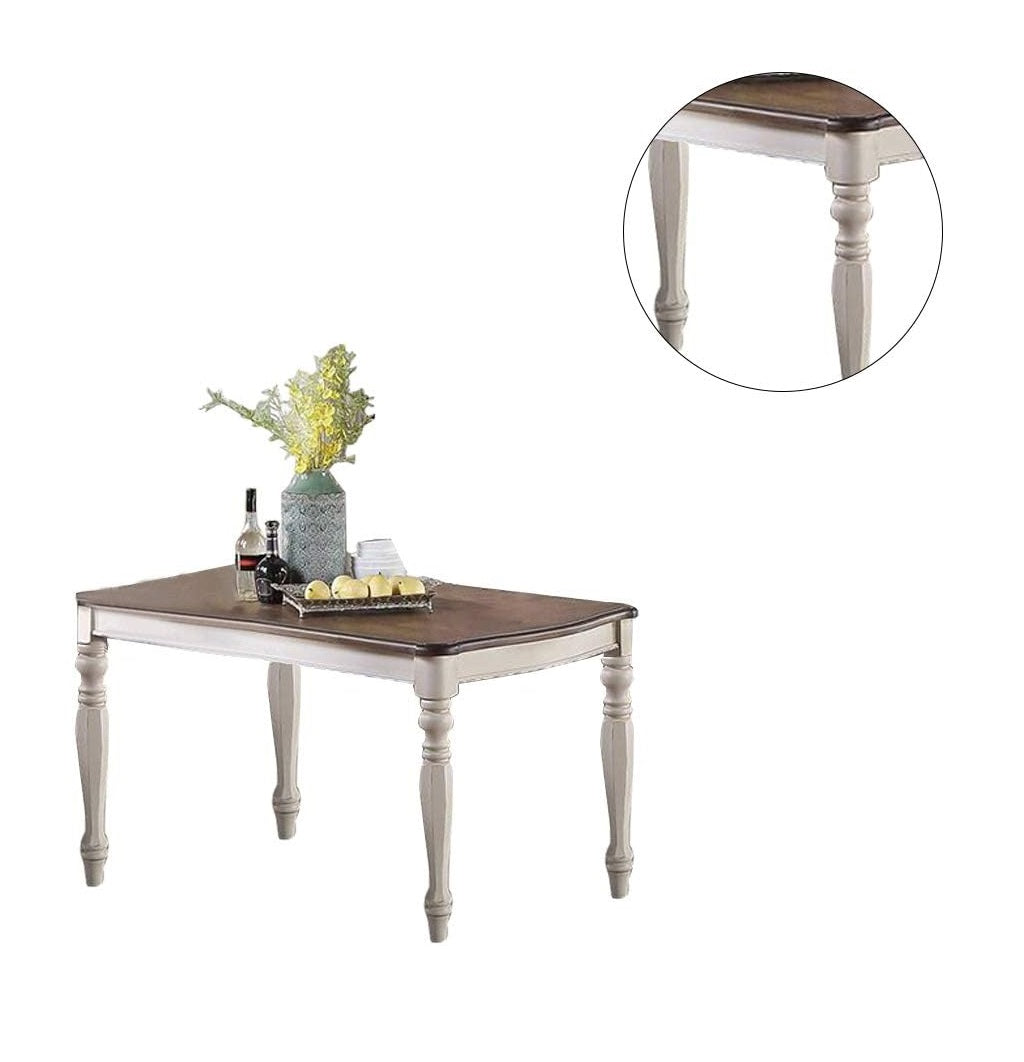Rectangular dining table with dark wood top and cream legs Features turned legs and a subtle decorative edge for classic charm