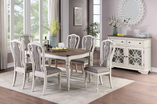 Classic white dining chair with grey tufted upholstery and ornate scroll back detail